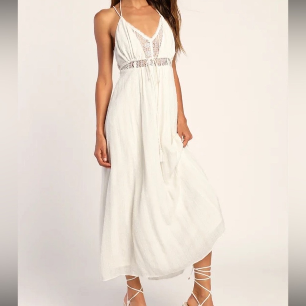 Lulus Santorini Scene White Metallic Gold Swiss Dot Lace Maxi Dress